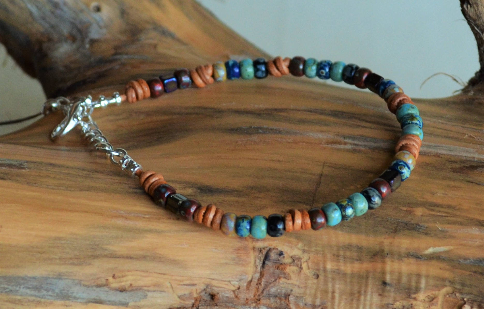 Picasso Czech Bead Leather Bracelet: Knotted Boho Jewelry