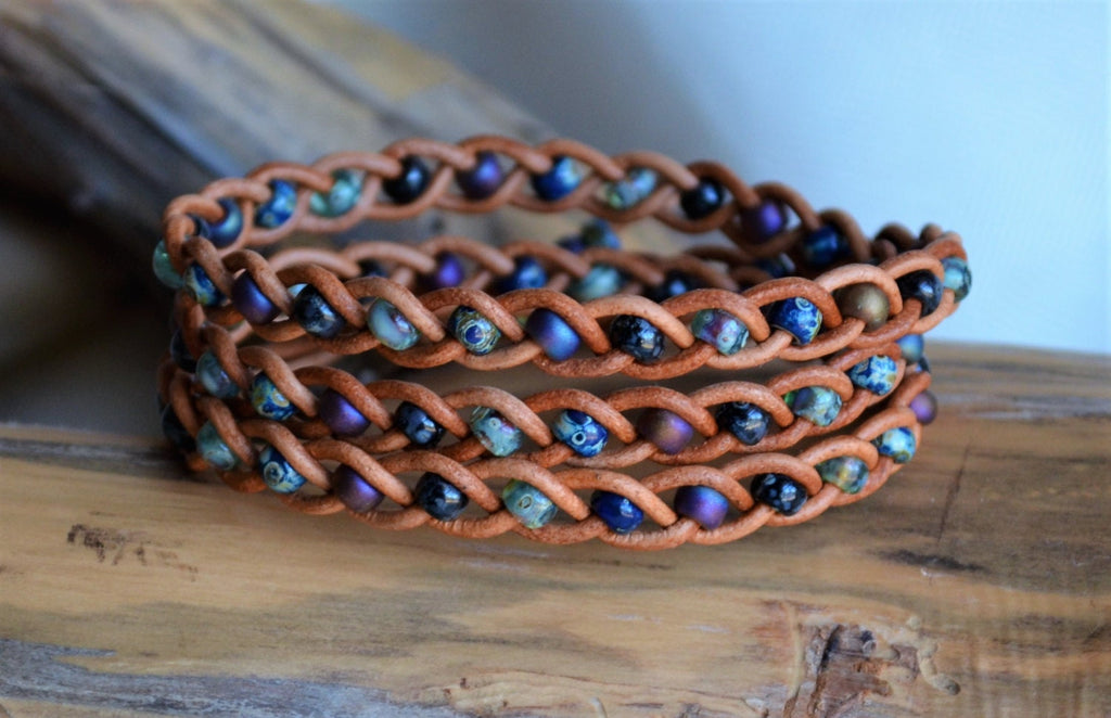 Braided Leather Wrap Bracelet: Picasso Beads, Boho Style