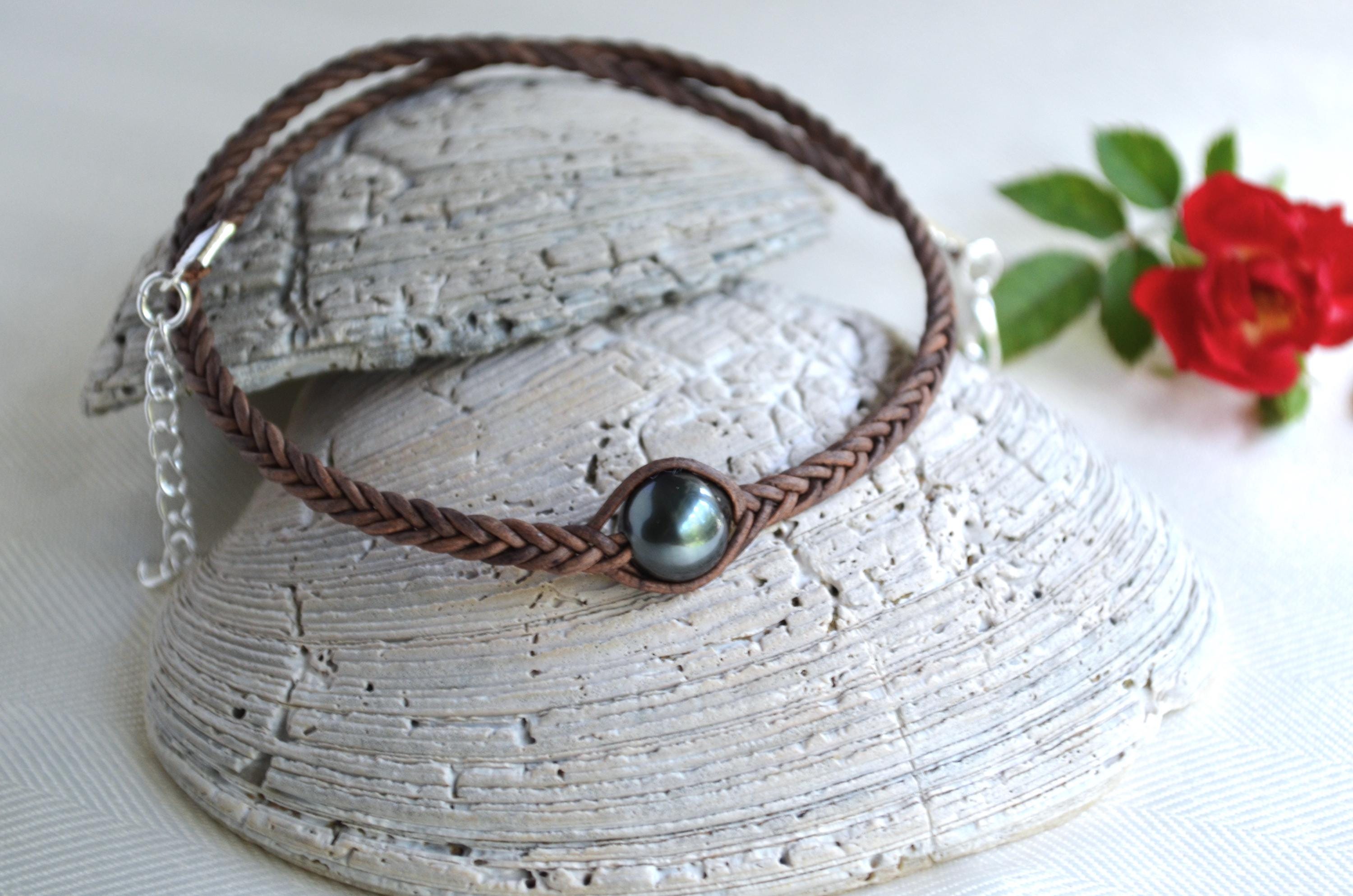 Tahitian Pearl Choker: Braided Leather Necklace, Elegant Handmade Jewelry