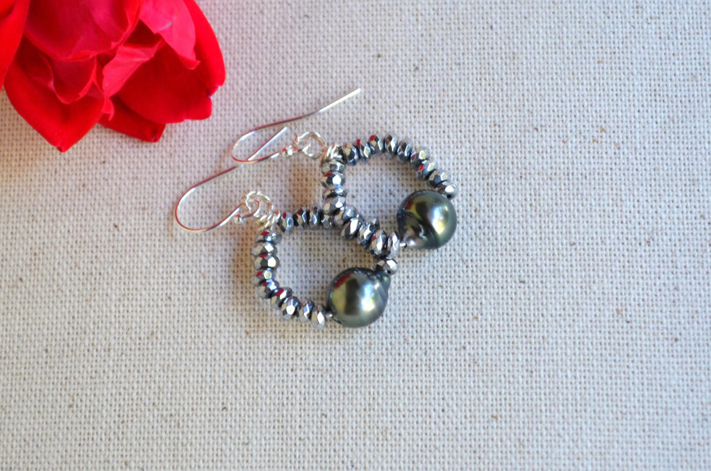 Tahitian Pearl and Hematite Earrings on Sterling Silver French Ear Wires Gift for Her