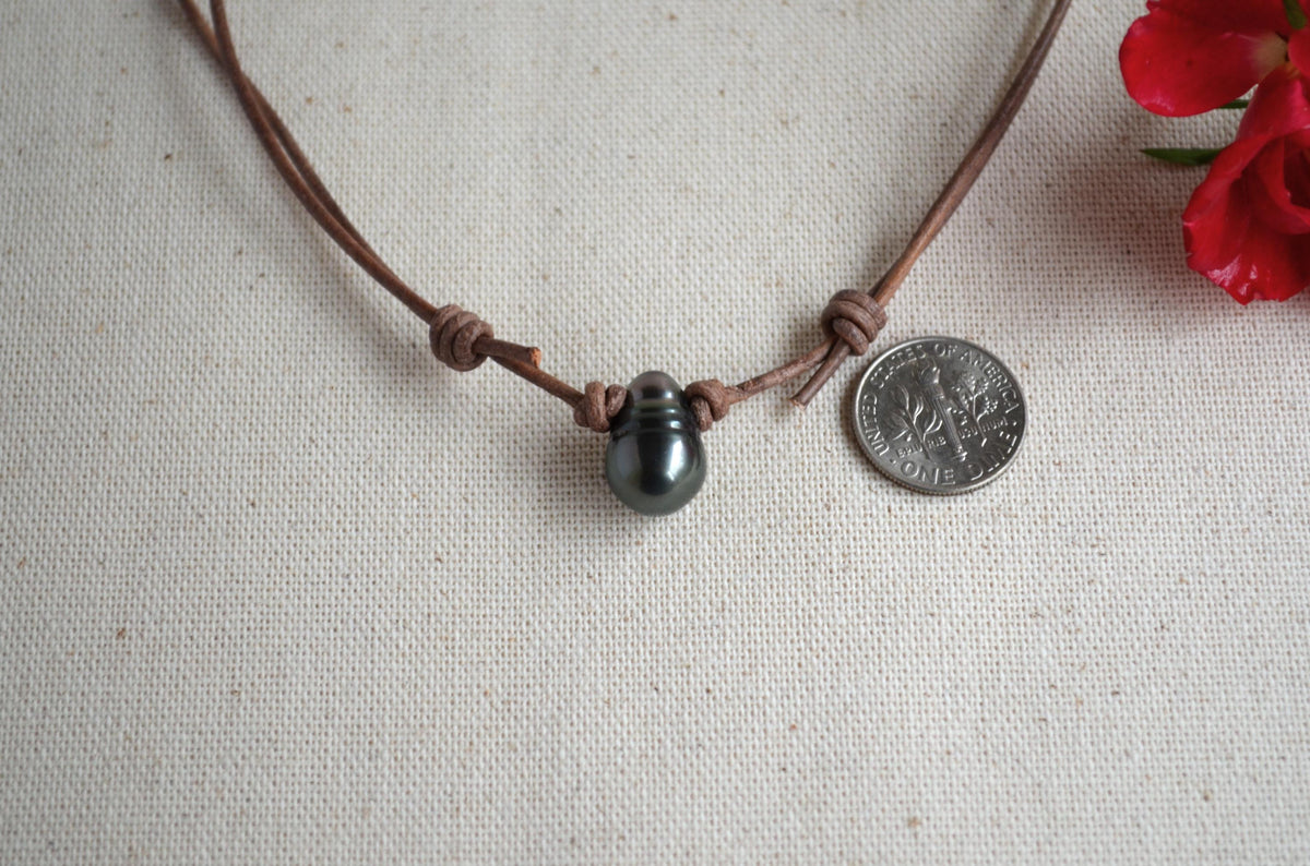 Tahitian Drop Pearl Necklace: Brown Grey Leather Adjustable Necklace