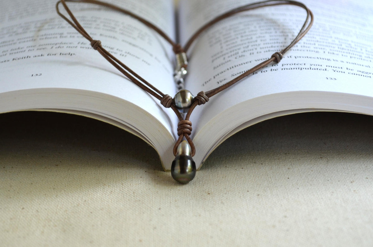 Tahitian Pearl Leather Necklace, Large Drop Pearl, Silver Black, Handmade Jewelry