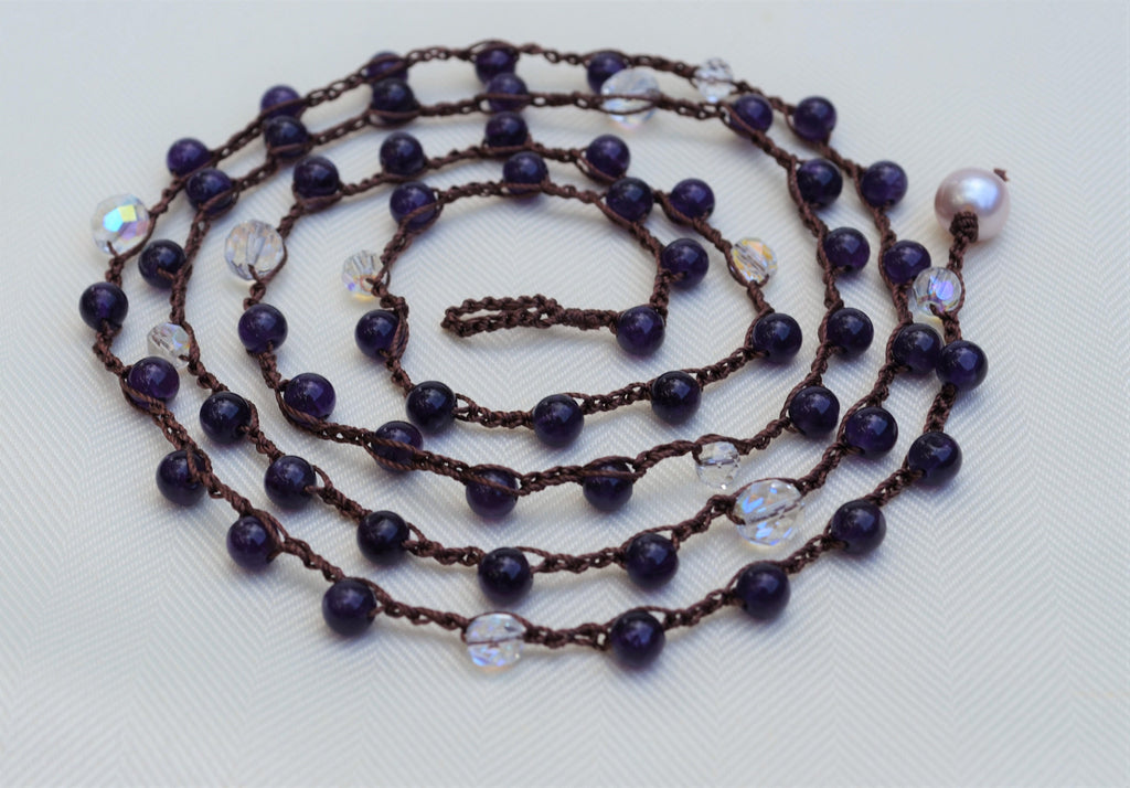 Long Amethyst Crochet Lariat Necklace: Layered Gemstone Jewelry