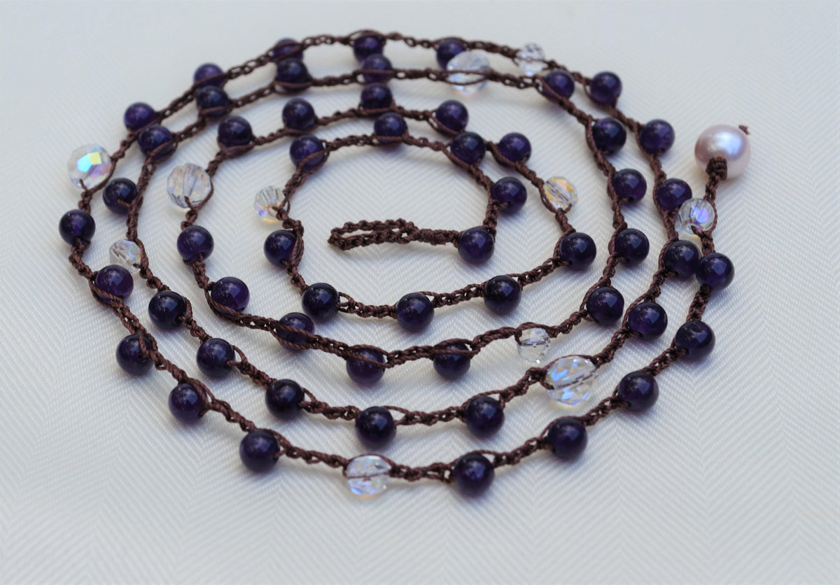 Long Amethyst Crochet Lariat Necklace: Layered Gemstone Jewelry