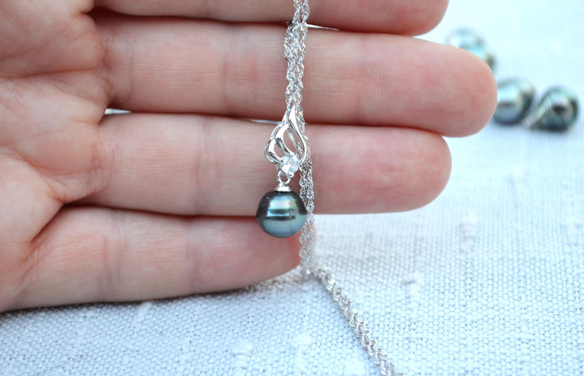 Tahitian Pearl Necklace: Sterling Silver Pendant, Cubic Zirconia Accent