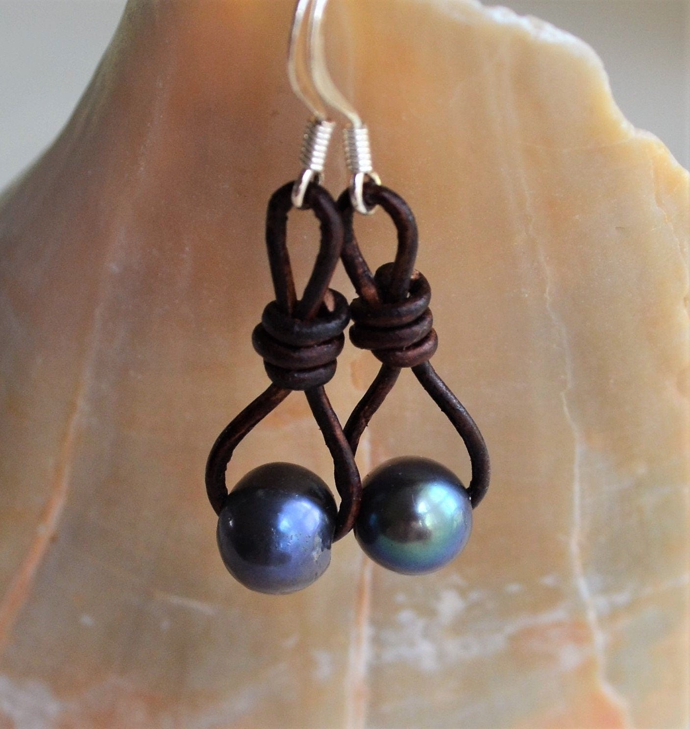 Knotted Leather Earrings: Peacock Blue Freshwater Pearls, Boho Style