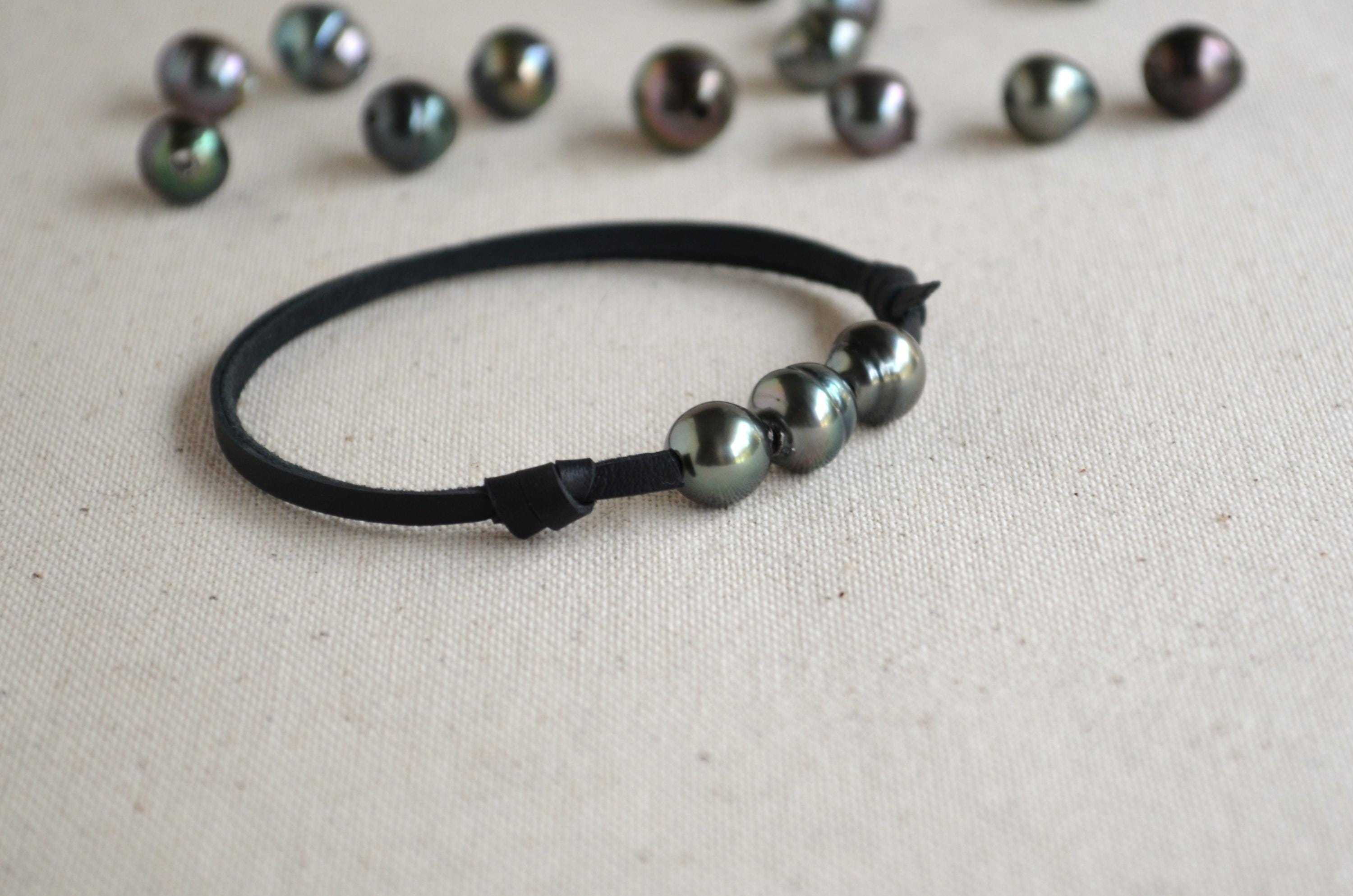 Three Tahitian Pearls Bracelet: Black Australian Leather Adjustable Bracelet