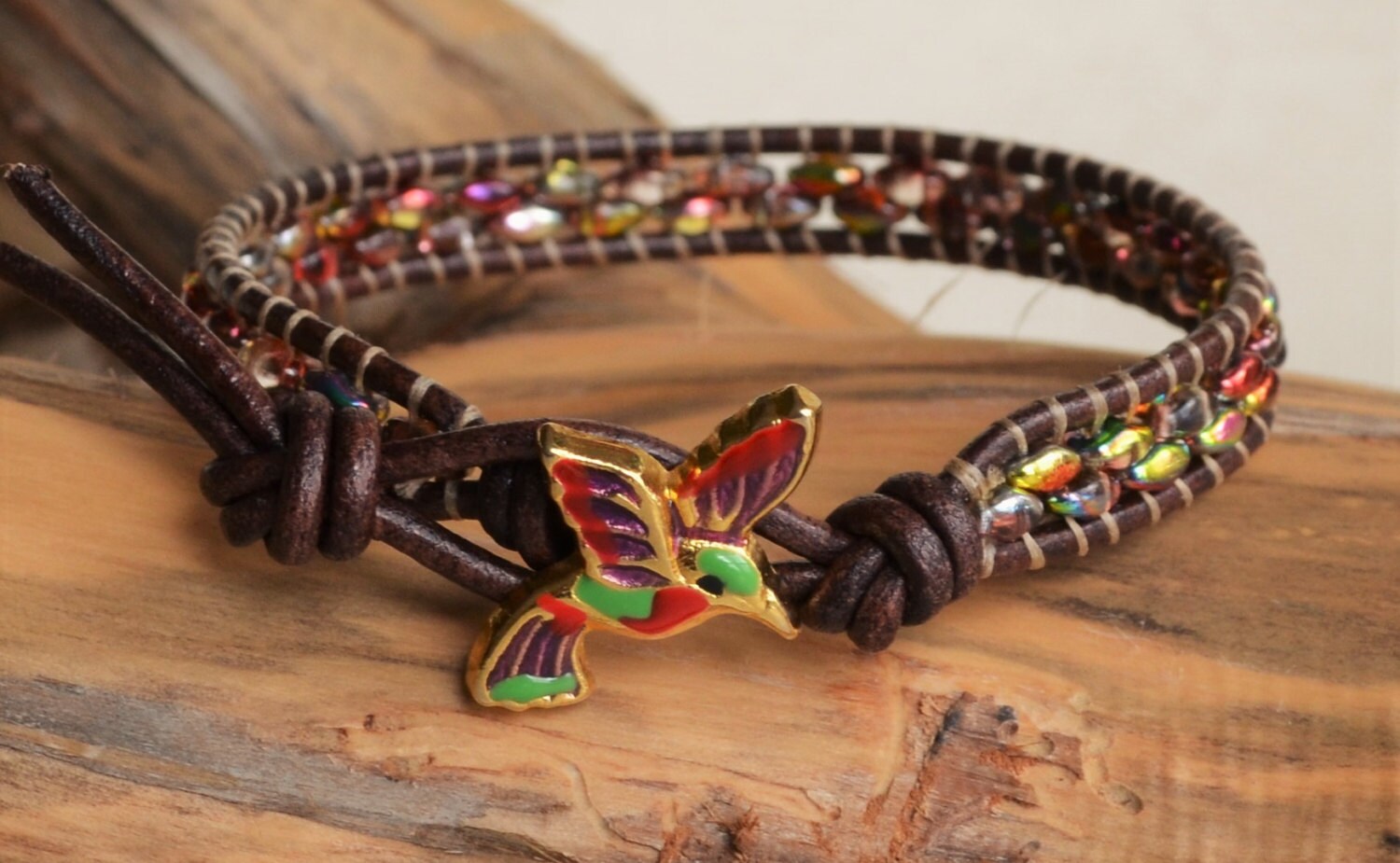 Hummingbird Leather Wrap Bracelet: Czech Glass Boho Cuff