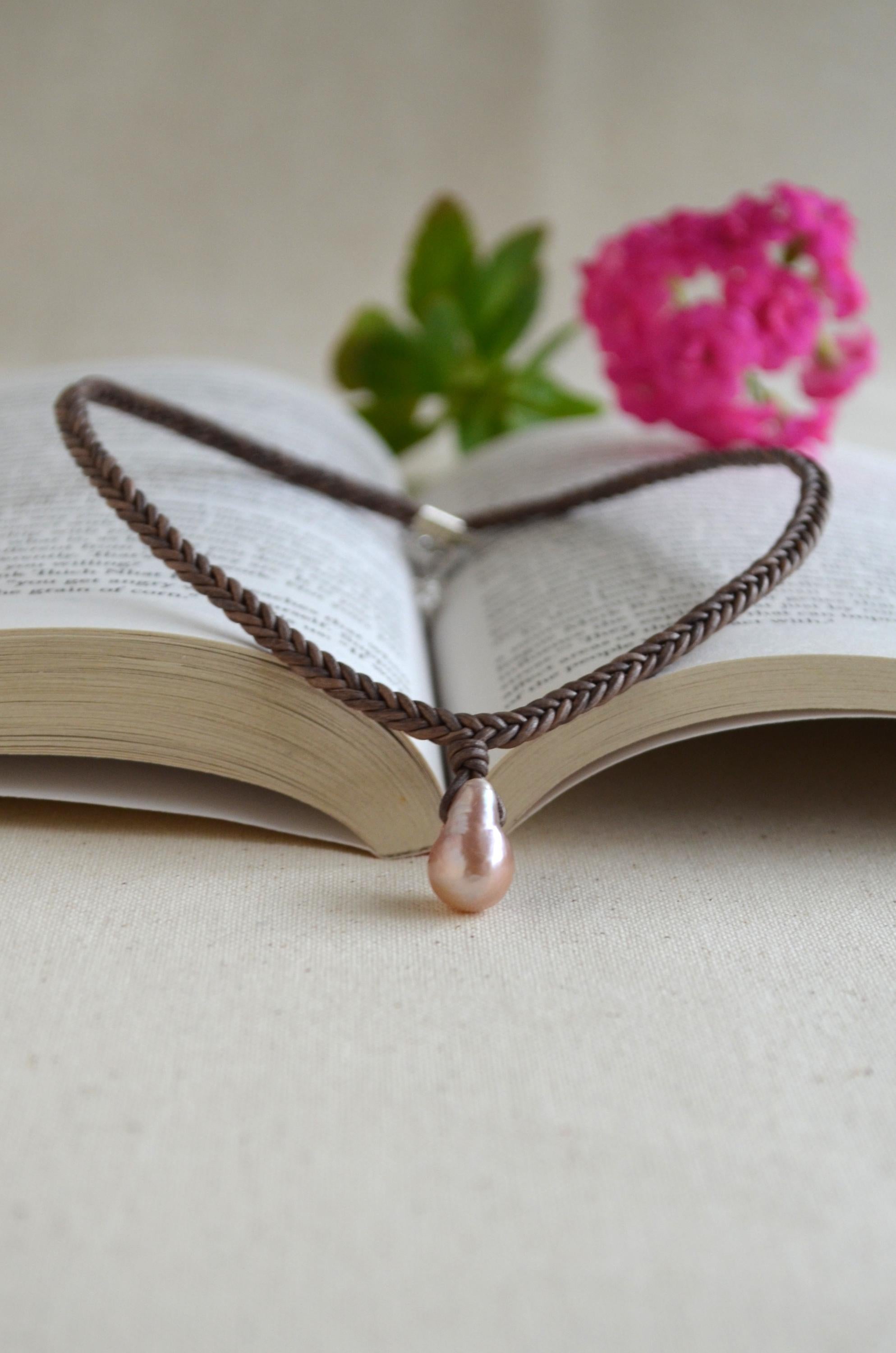 Edison Pearl Leather Necklace: Pink Mauve Baroque Pendant, Hand Braided Cord