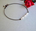 Pearls on Leather Necklace/Choker for Women, White Freshwater Pearls, Boho Chic