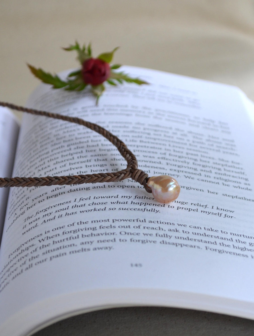 Baroque Edison Pearl Necklace on Braided Leather, Pink Pearl Pendant 12x15 mm, Organic Shape, Minimalist Statement, 16” + Extender