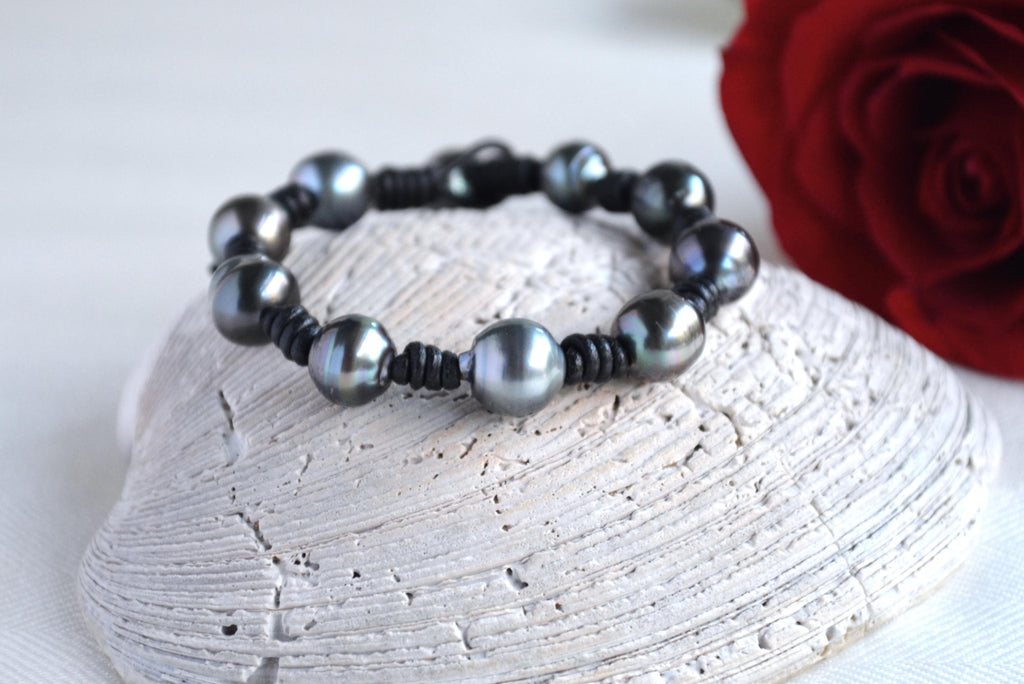 Tahitian Pearl Bracelet: Black Greek Leather, Boho Jewelry