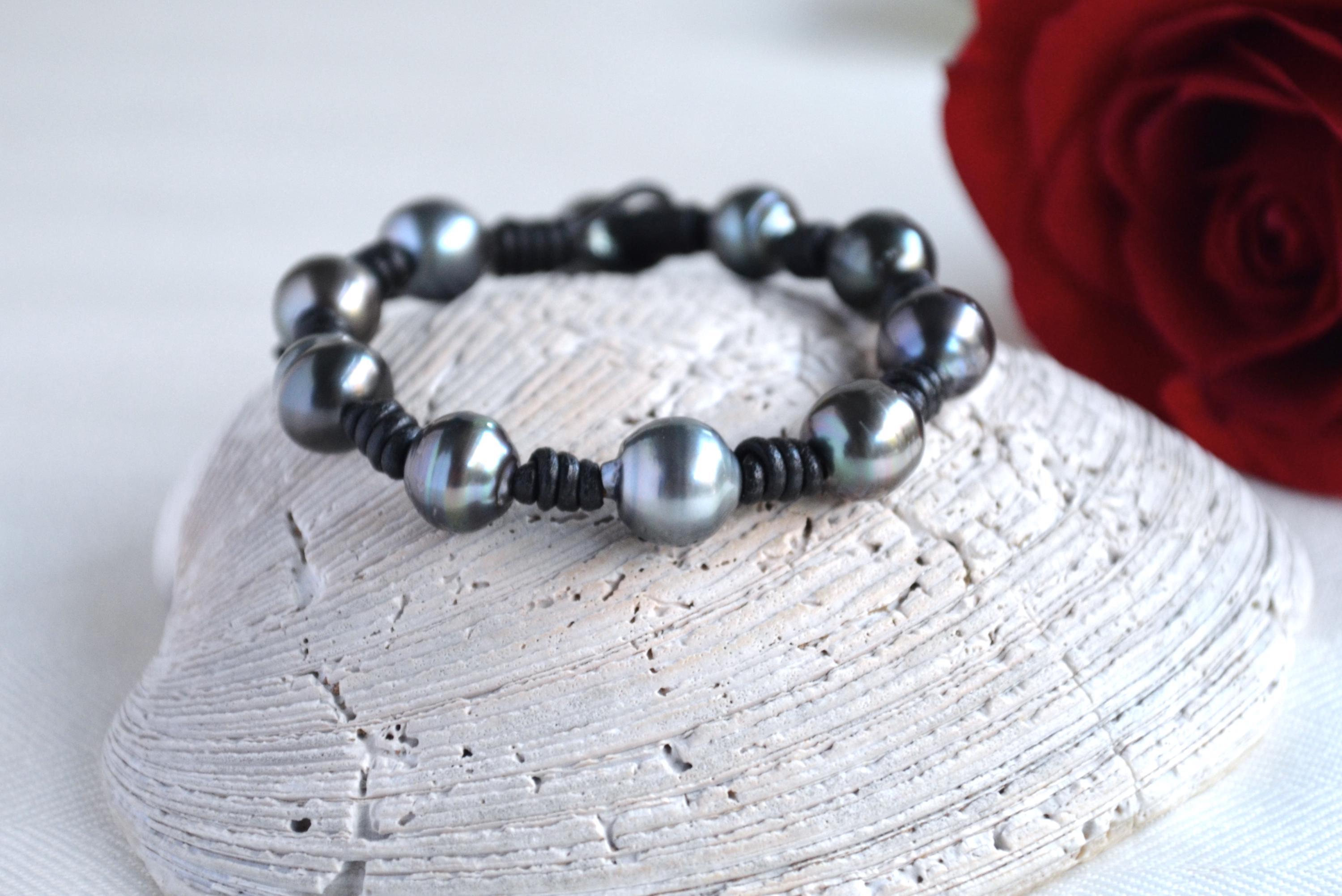 Tahitian Pearl Bracelet: Black Greek Leather, Boho Jewelry