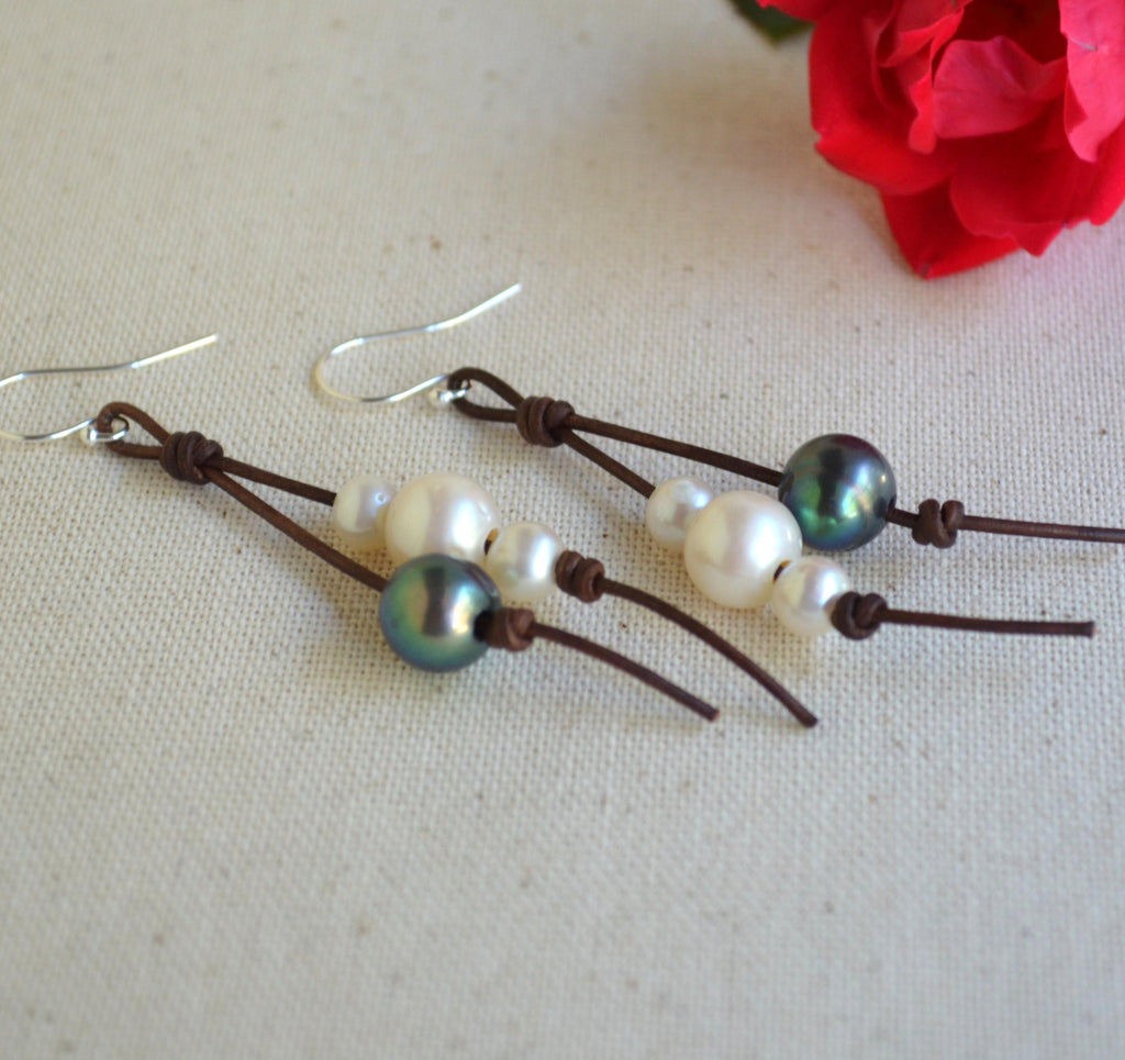 Handmade Freshwater Pearls on Leather Earrings, Sterling Silver French Wires