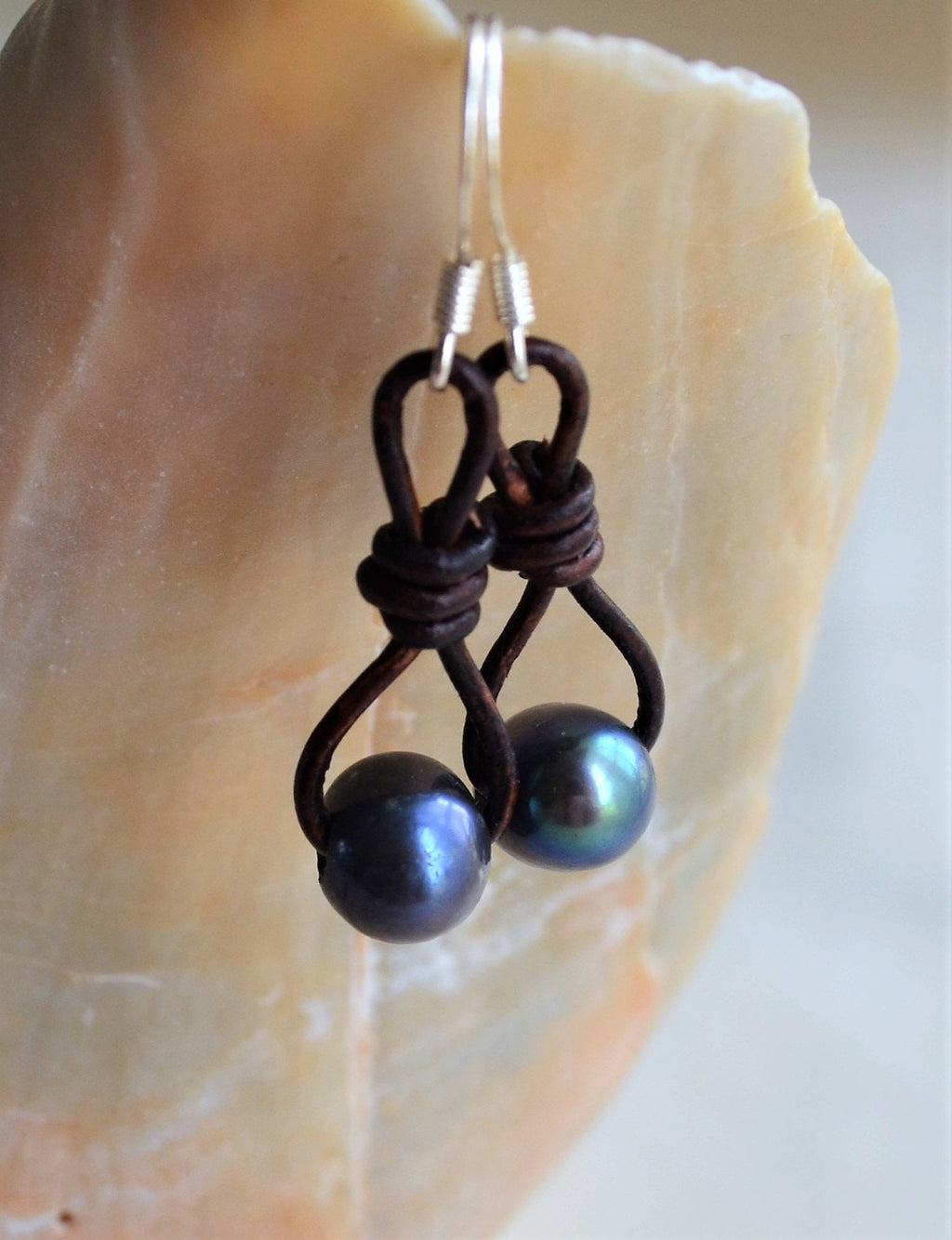 Knotted Leather Earrings: Peacock Blue Freshwater Pearls, Boho Style
