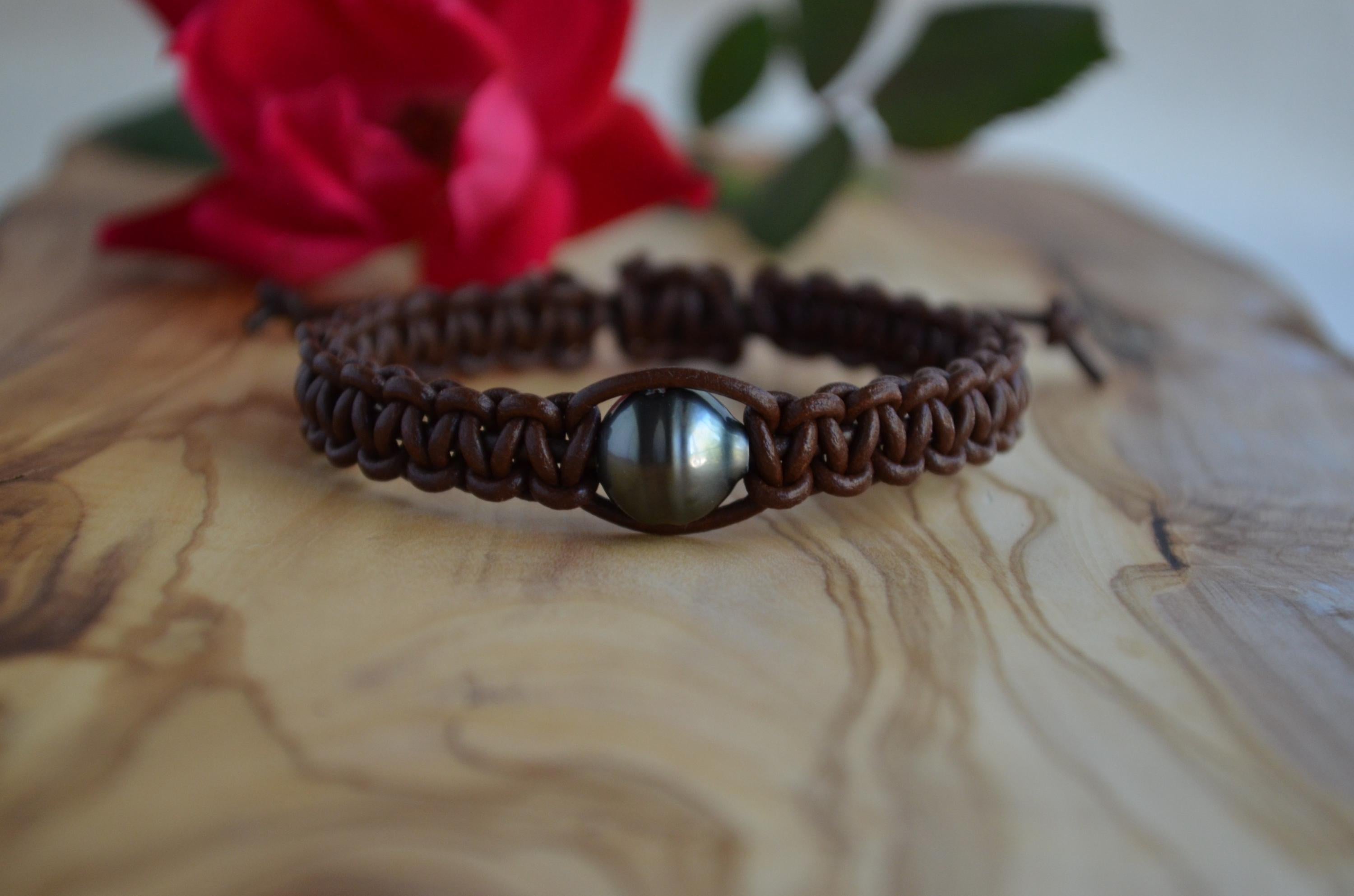 Adjustable Tahitian Pearl Bracelet: Greek Chocolate Brown Leather Bohemian Jewelry for Her