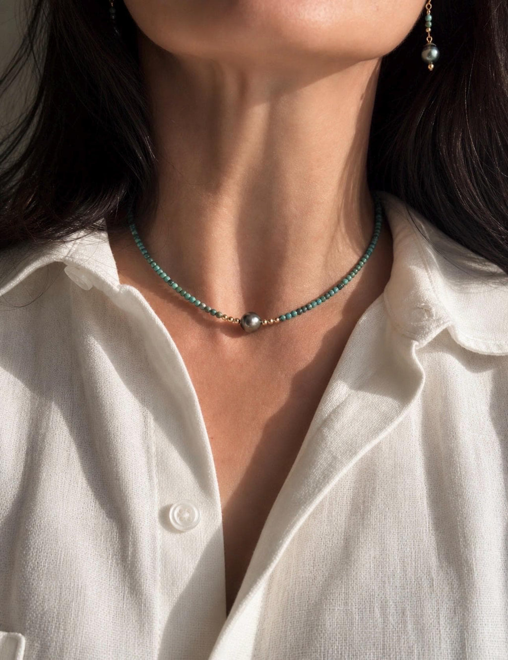 Tahitian Pearl Short Necklace, Turquoise Beaded Collar, Minimal Gold Filled Necklace, Everyday Elegant Jewelry