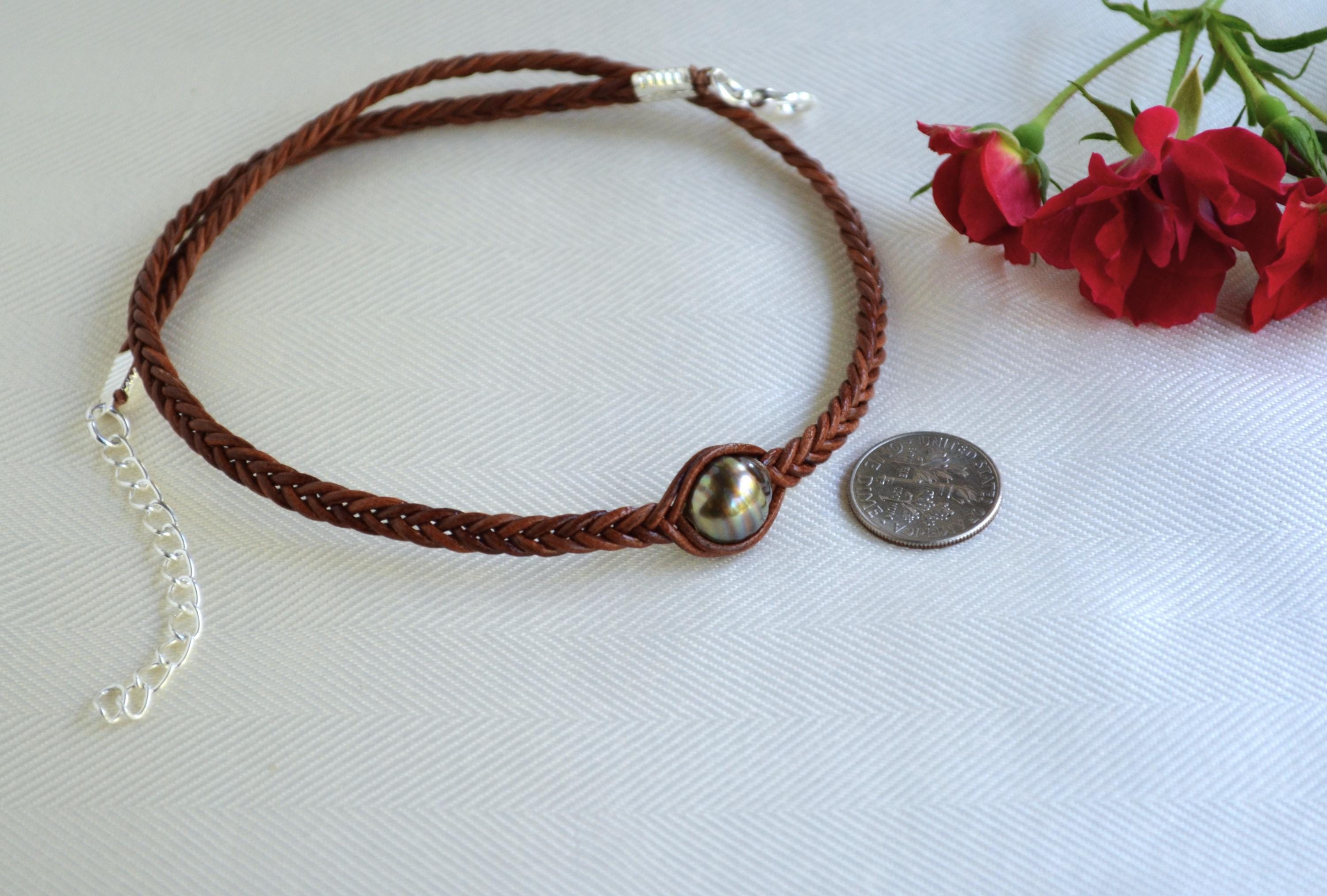 Chocolate Tahitian Pearl Choker: Braided Leather Necklace
