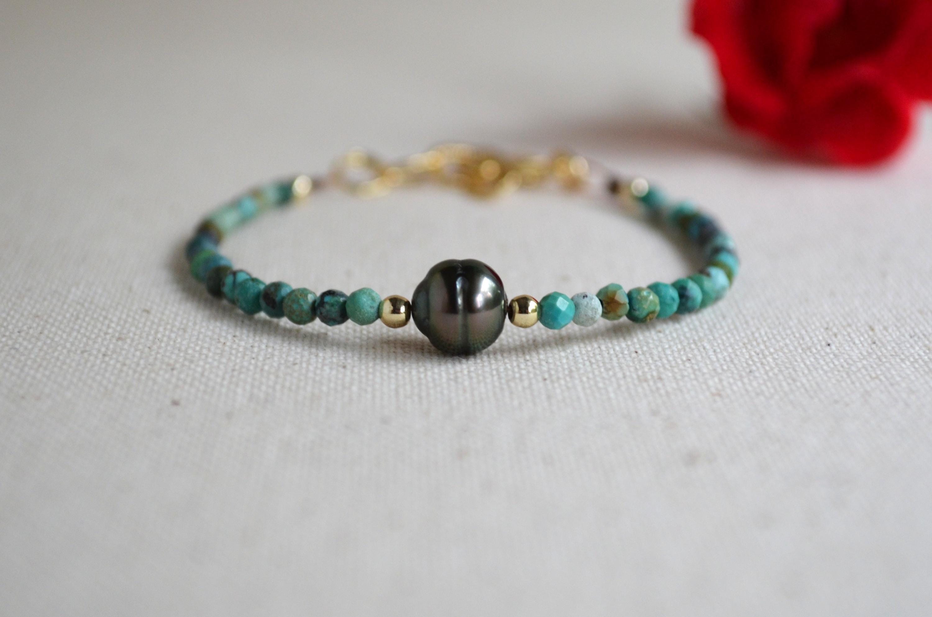 Tahitian Pearl Bracelet, Gold Filled Turquoise Beaded Jewelry