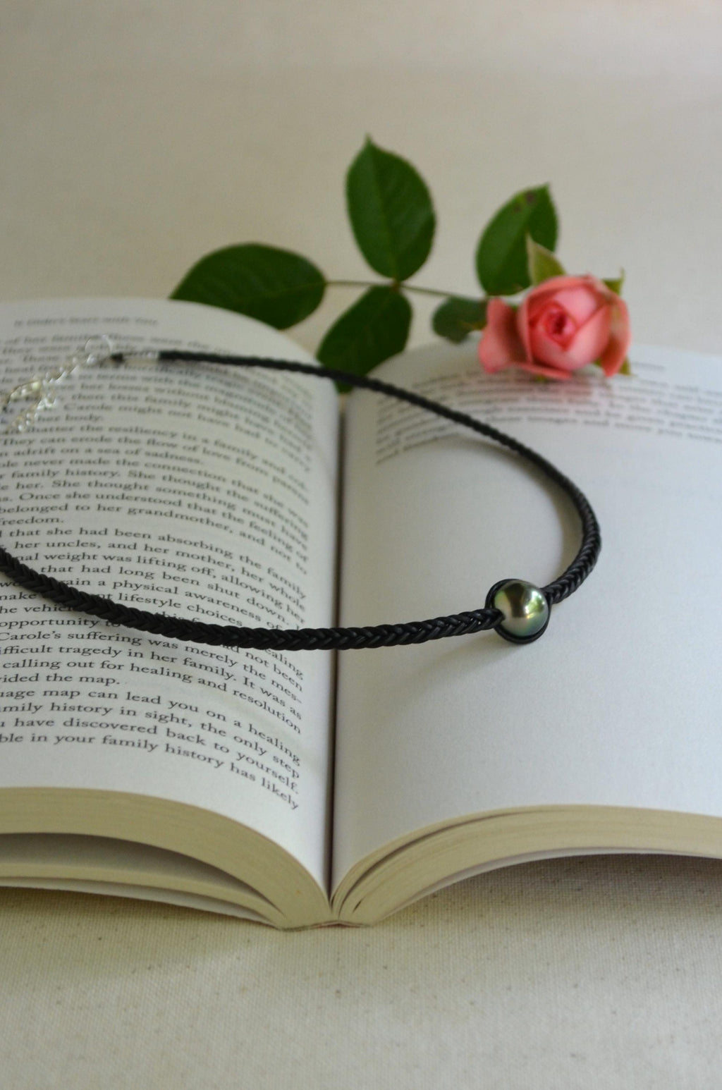 Tahitian Pearl Necklace, Braided Leather Cord, Minimalist Luxury Jewelry