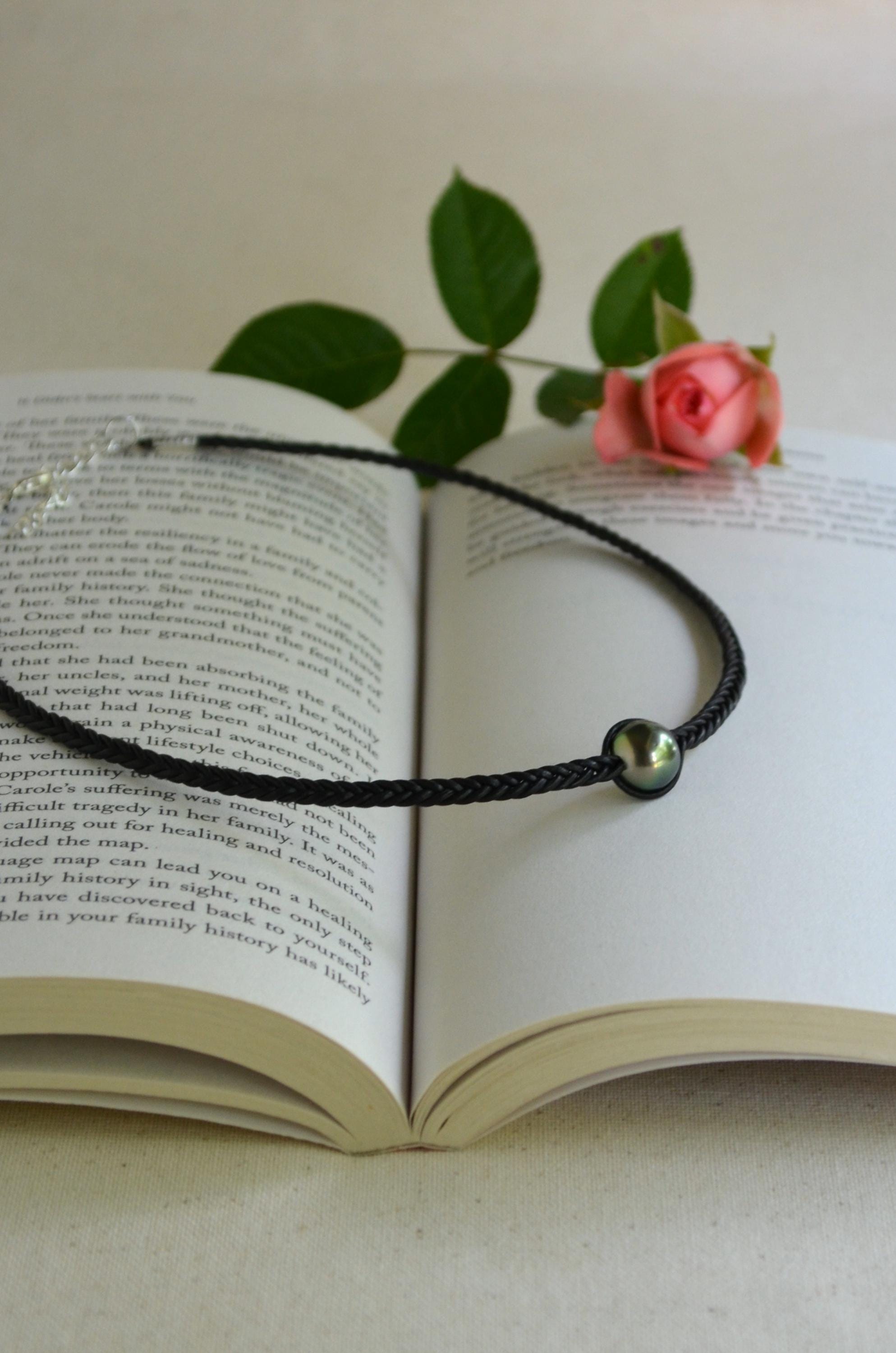 Tahitian Pearl Necklace, Braided Leather Cord, Minimalist Luxury Jewelry