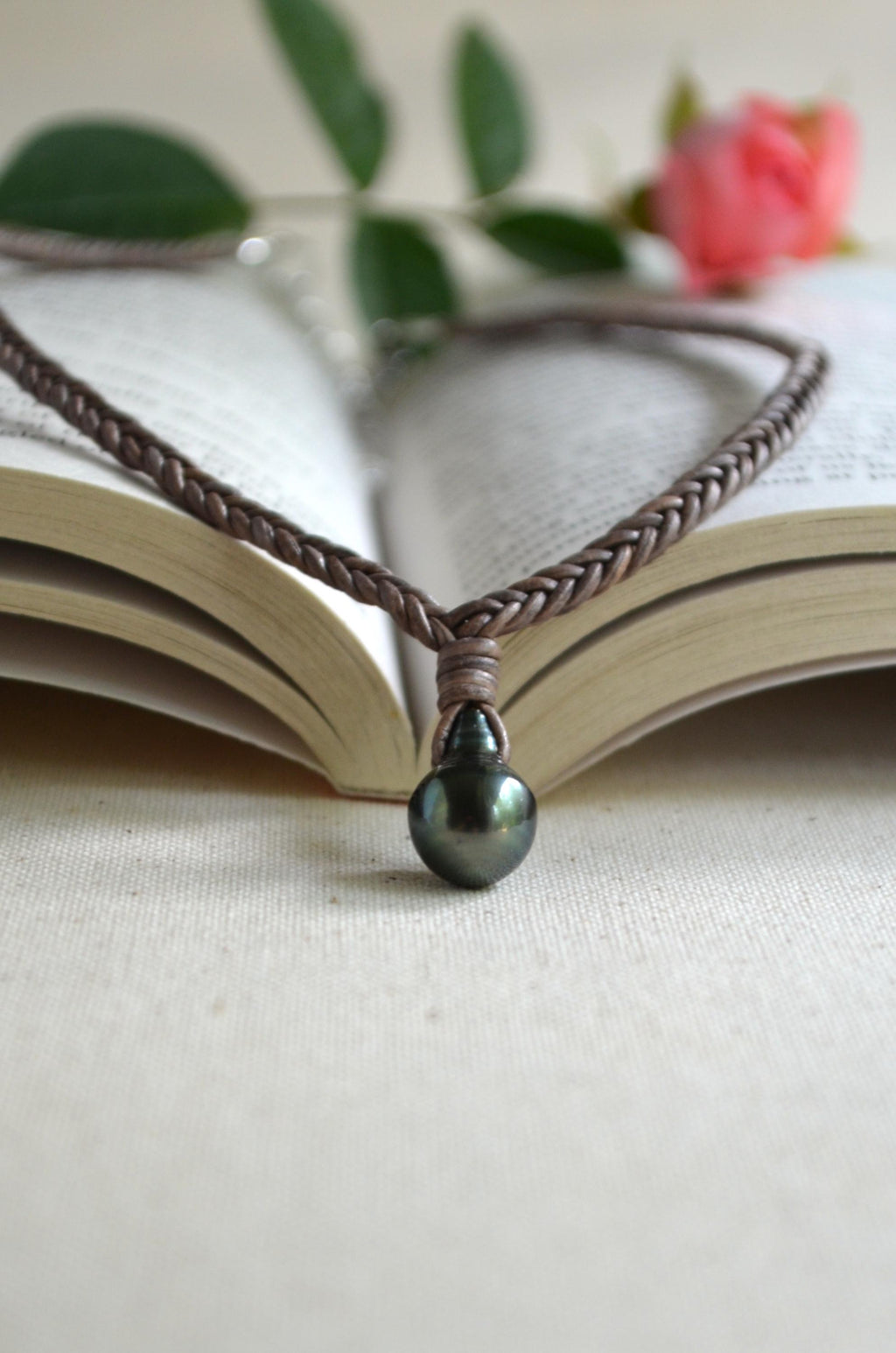 Tahitian Pearl Necklace: Handmade Braided Leather Jewelry