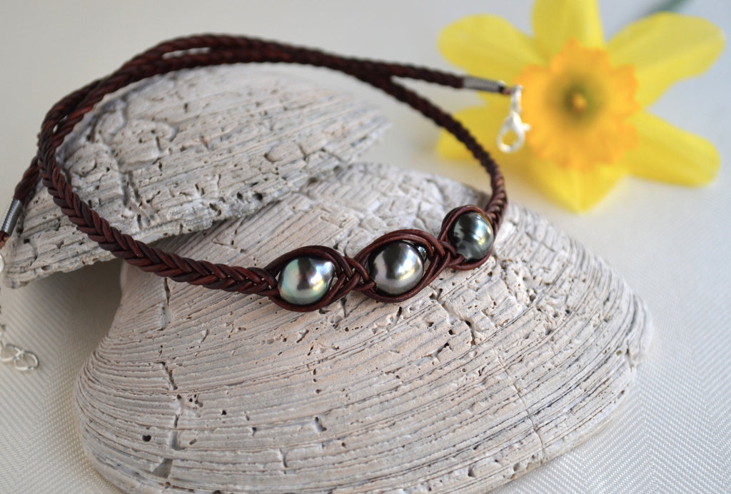 Three Tahitian Pearl Necklace: Braided Leather, Elegant Jewelry