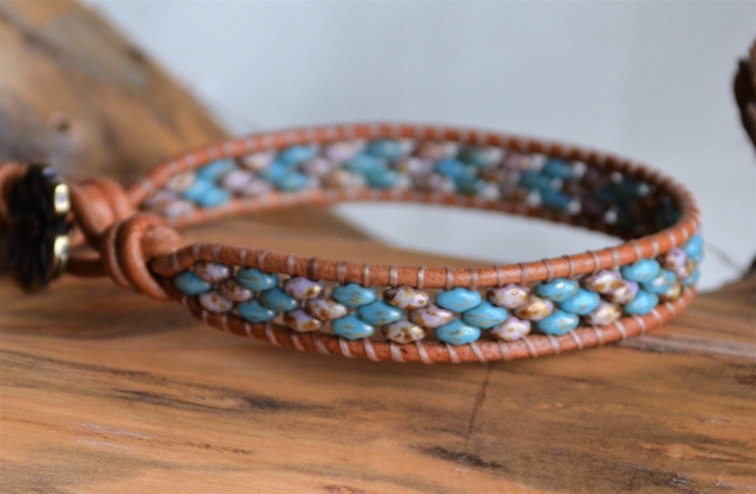 Beaded Leather Wrap Bracelet: Violet Turquoise Boho Jewelry