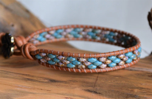 Beaded Leather Wrap Bracelet: Violet Turquoise Boho Jewelry
