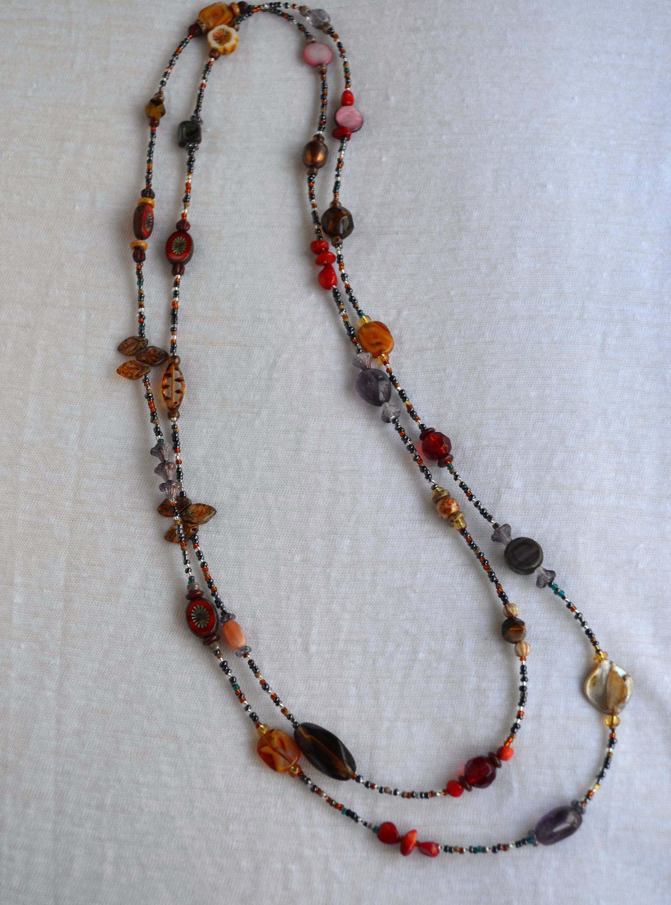 Boho Gemstone Lariat Necklace: Red Coral, Pearl & Abalone