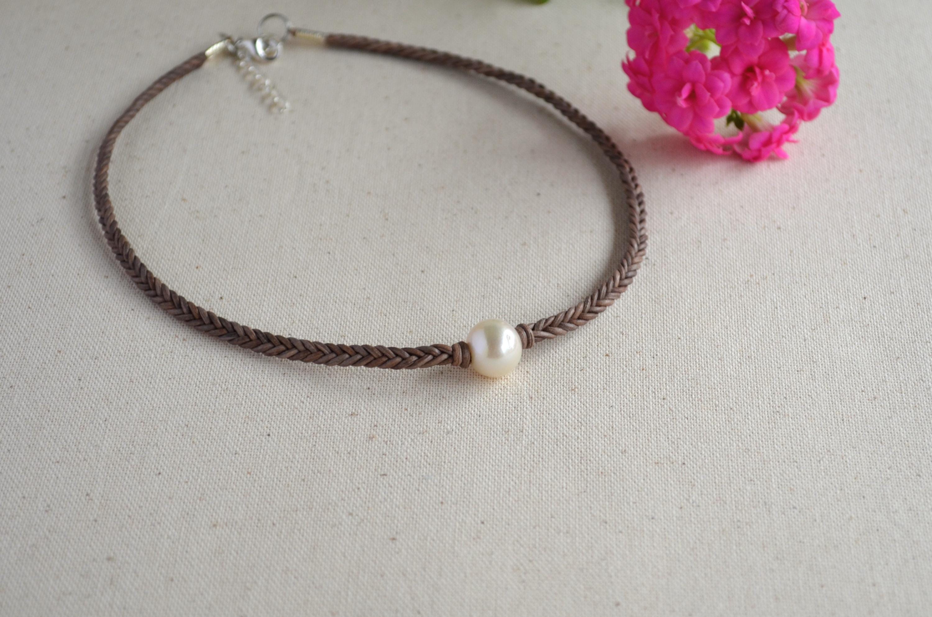 White Edison Pearl Necklace on Braided Leather | 12–13 mm Large Pearl