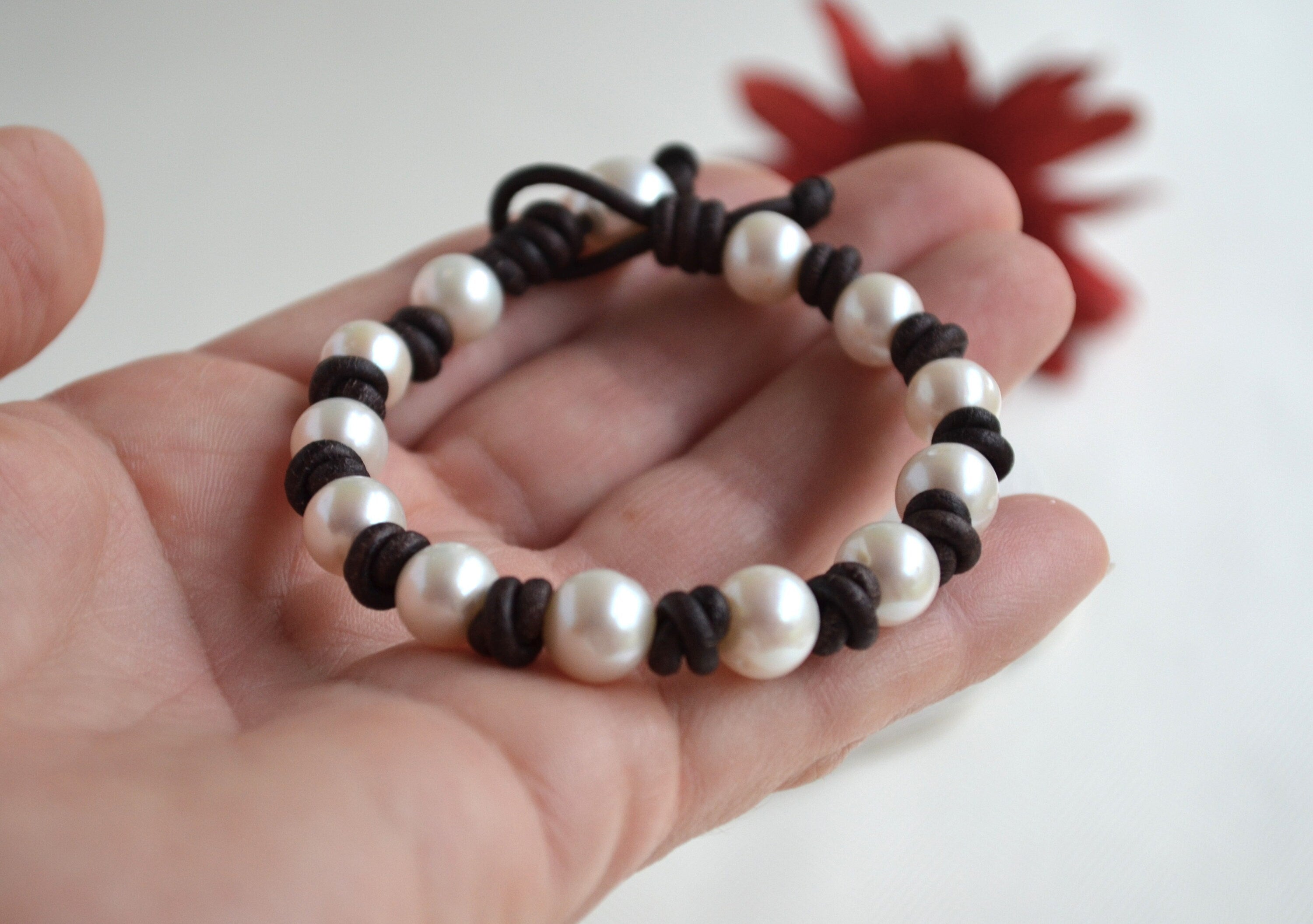 Knotted Leather Bracelet: White Freshwater Pearls, Elegant Jewelry