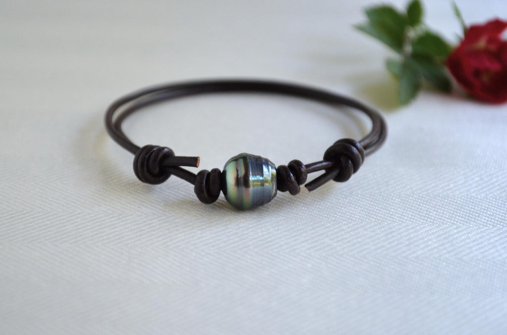 Tahitian Pearl Bracelet: Brown Greek Leather Adjustable Unisex Jewelry