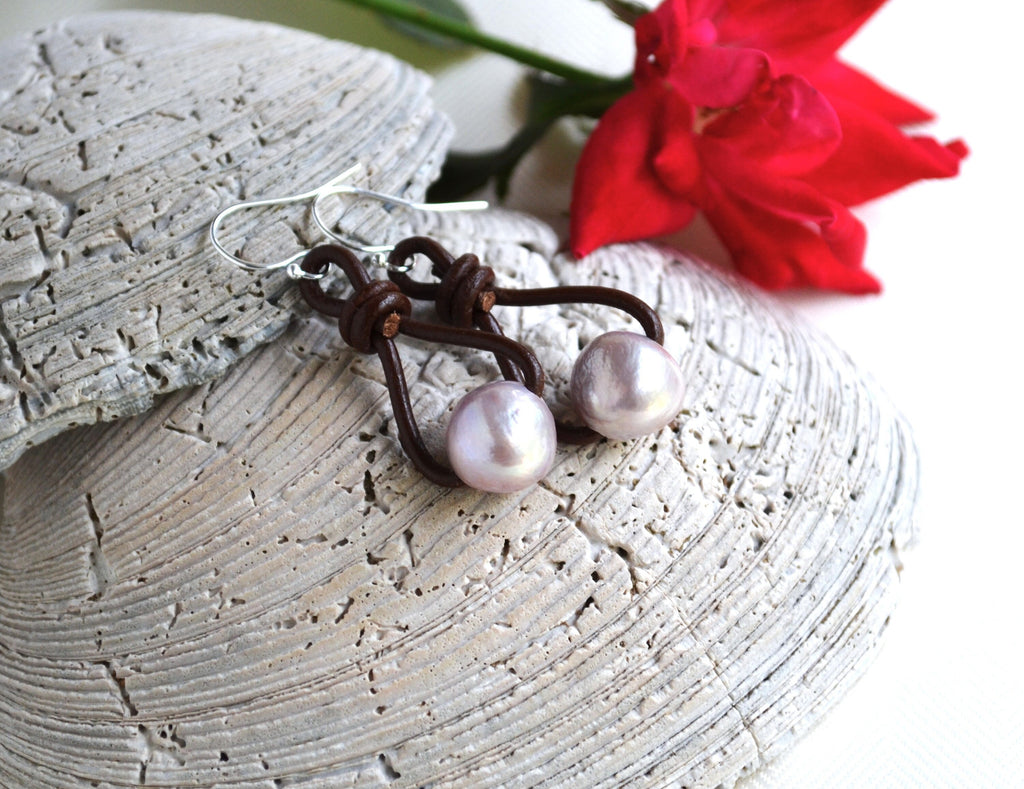 Edison Pink Pearl Earrings: Sterling Silver & Brown or Black Greek Leather Boho Dangle