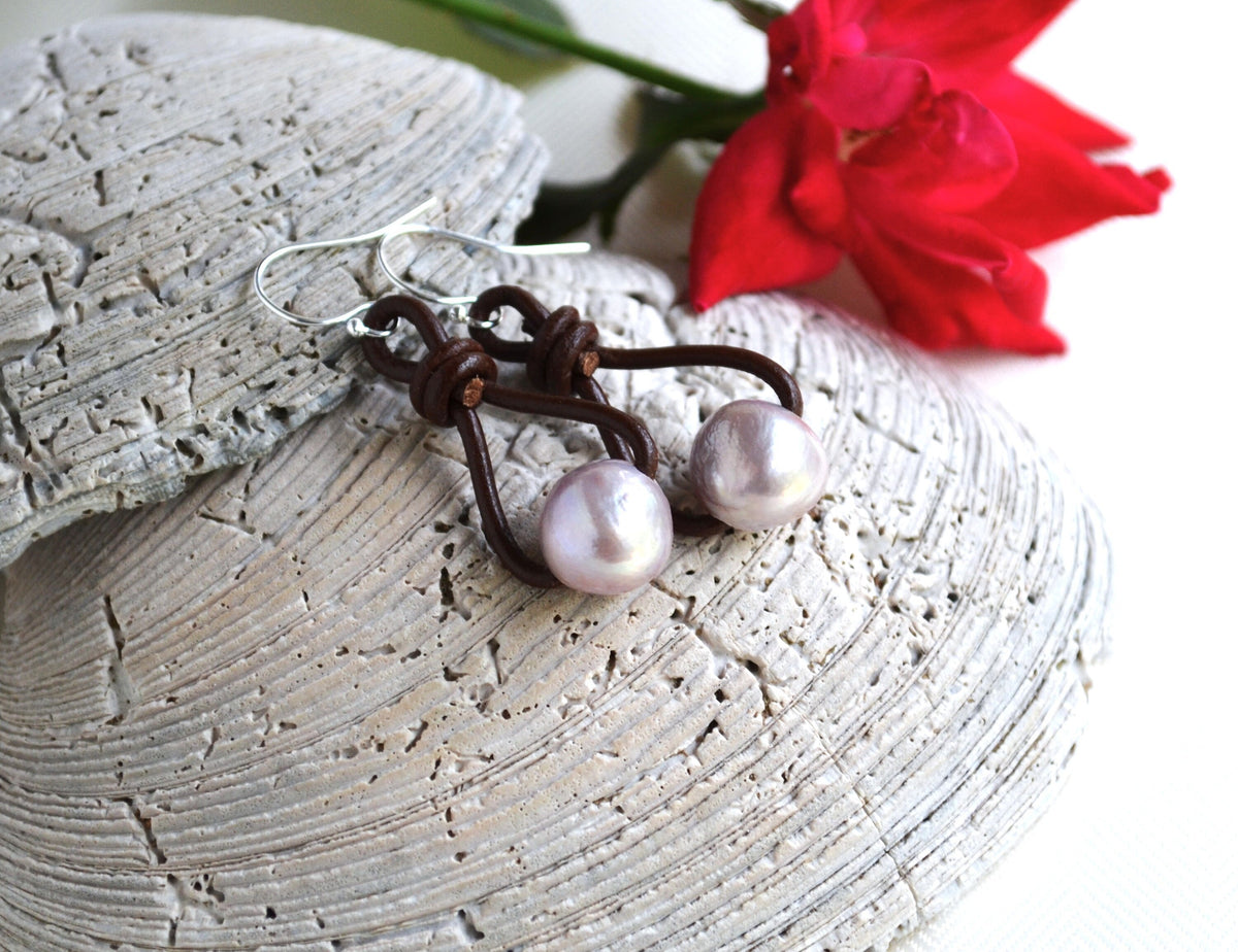 Edison Pink Pearl Earrings: Sterling Silver & Brown or Black Greek Leather Boho Dangle