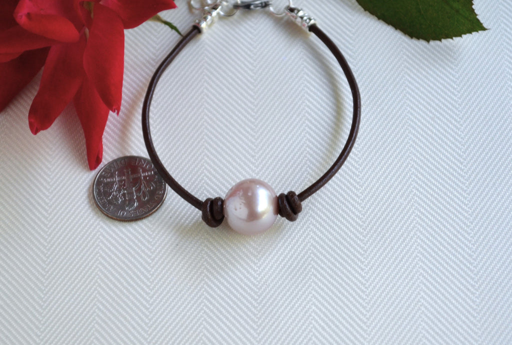 Mauve Edison Pearl Bracelet, Greek Leather, Silver Plated Clasp