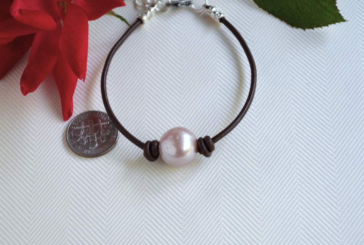 Mauve Edison Pearl Bracelet, Greek Leather, Silver Plated Clasp