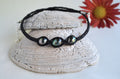 Tahitian Pearl Necklace: Three Stone Braided Black Leather Jewelry