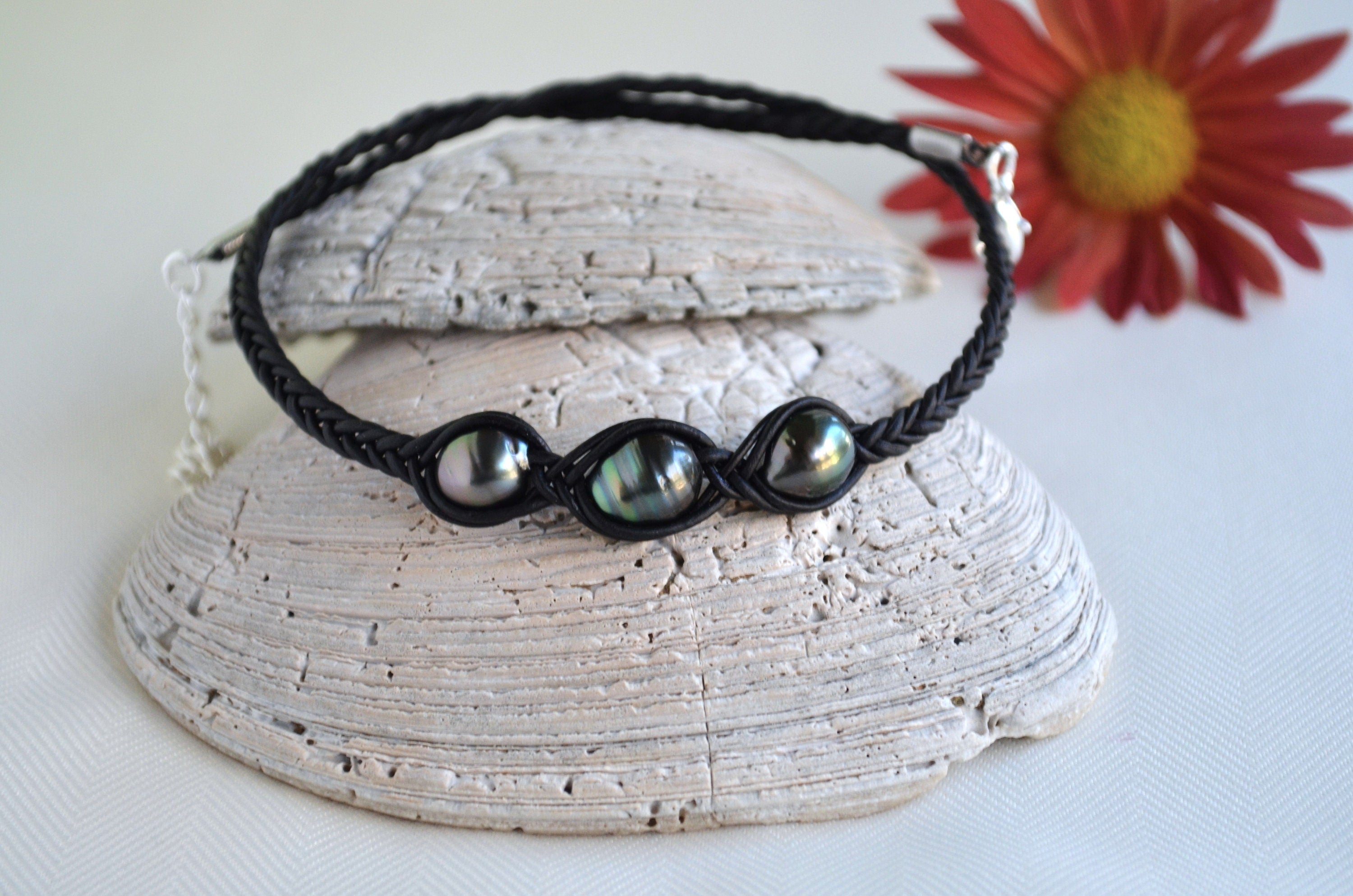 Tahitian Pearl Necklace: Three Stone Braided Black Leather Jewelry