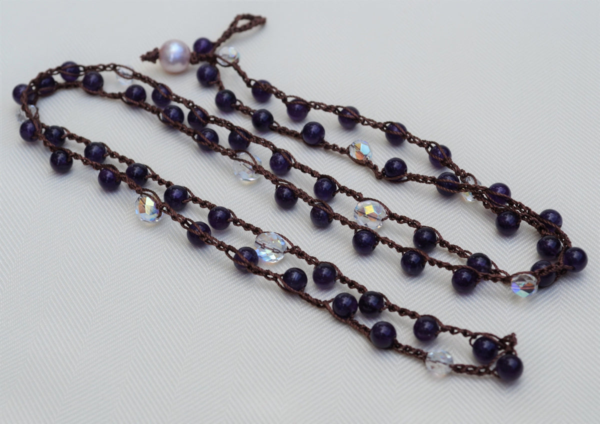 Long Amethyst Crochet Lariat Necklace: Layered Gemstone Jewelry
