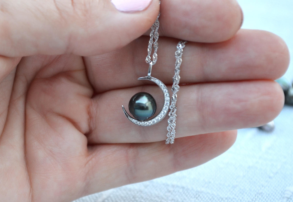 Tahitian Pearl Necklace: Sterling Silver Crescent Moon Pendant, CZ Accents
