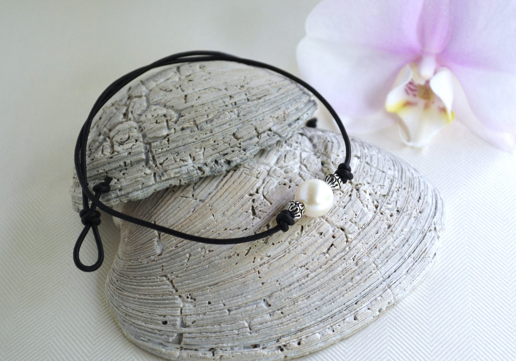 Large Pearl Leather Choker: Silver Plated Beads, Boho Jewelry