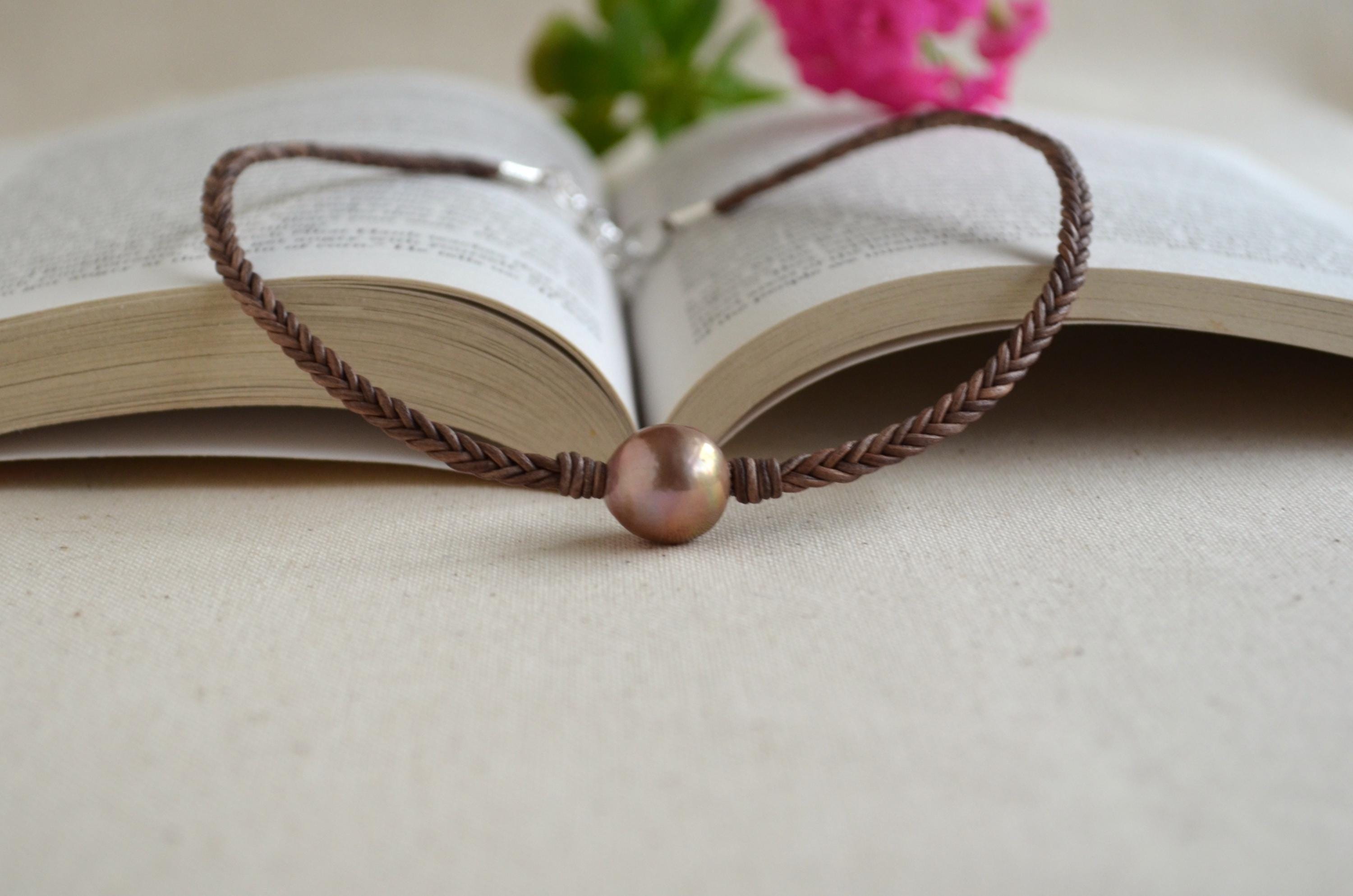 15mm Pink Edison Pearl Necklace, Braided Leather Choker, Mauve Lavender Pearl Jewelry