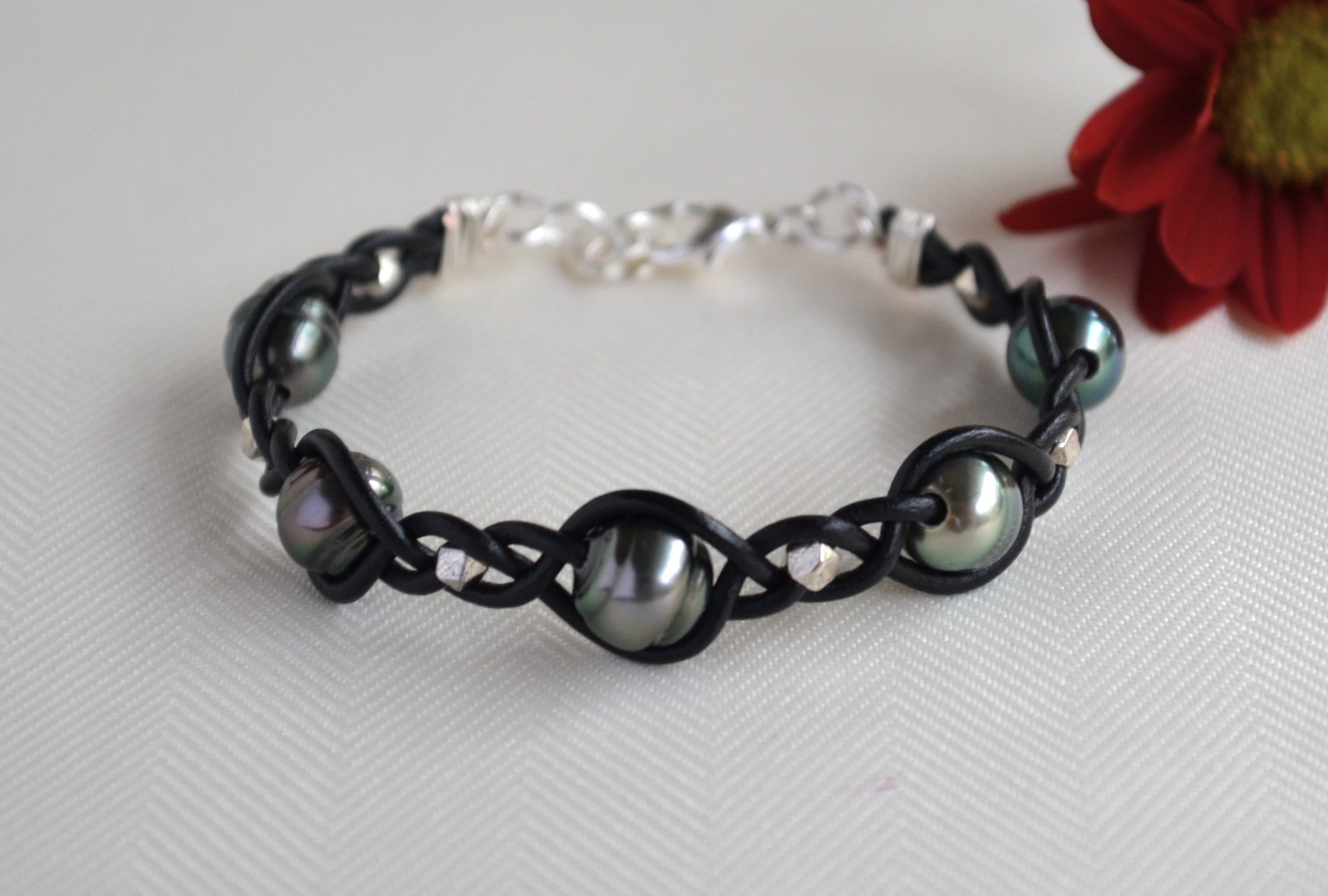 Tahitian Pearl Bracelet: Black Leather Boho Cuff