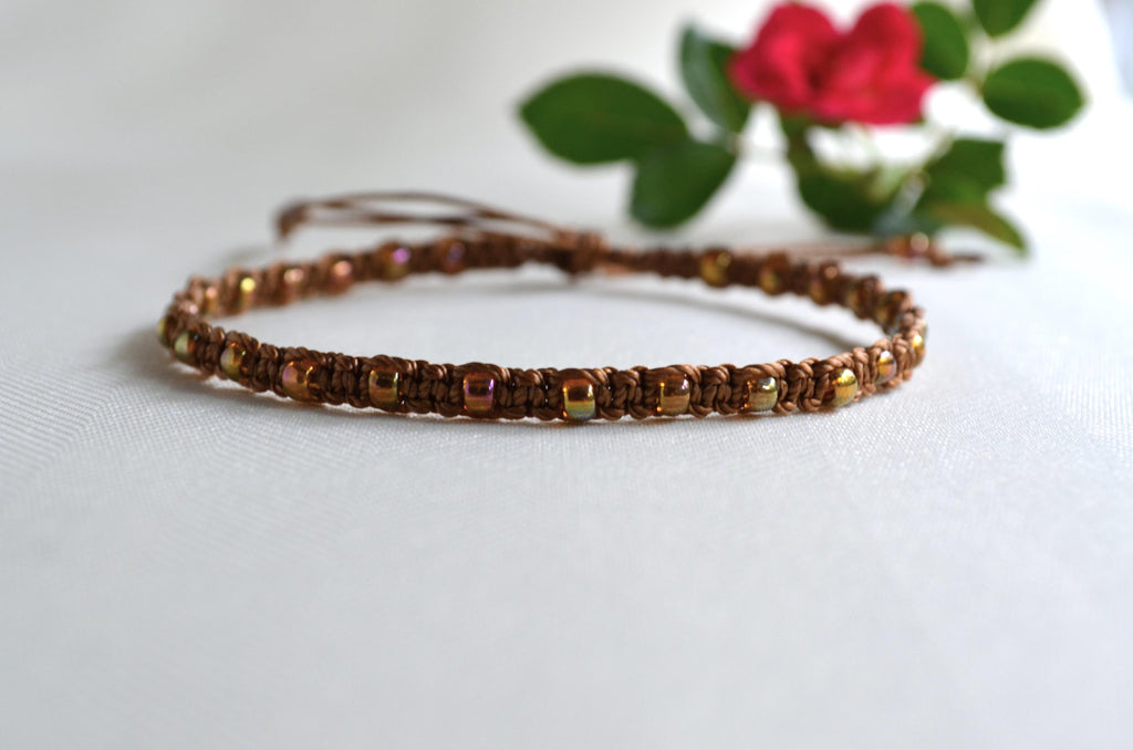 Macrame Boho Anklet: Czech Glass Beads, Adjustable Fit