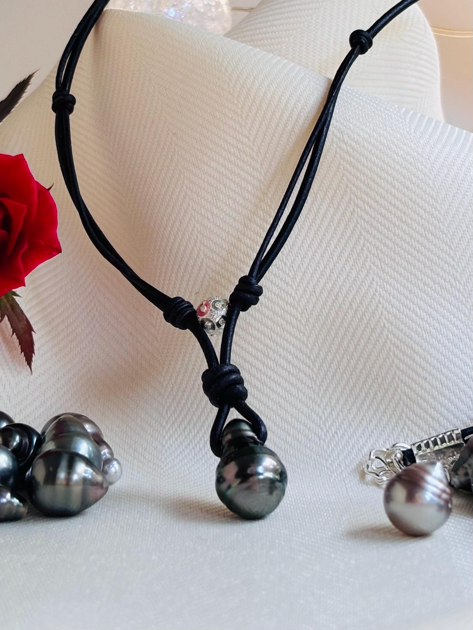 Tahitian Pearl Leather Necklace: Sterling Silver Accent, Elegant Gift