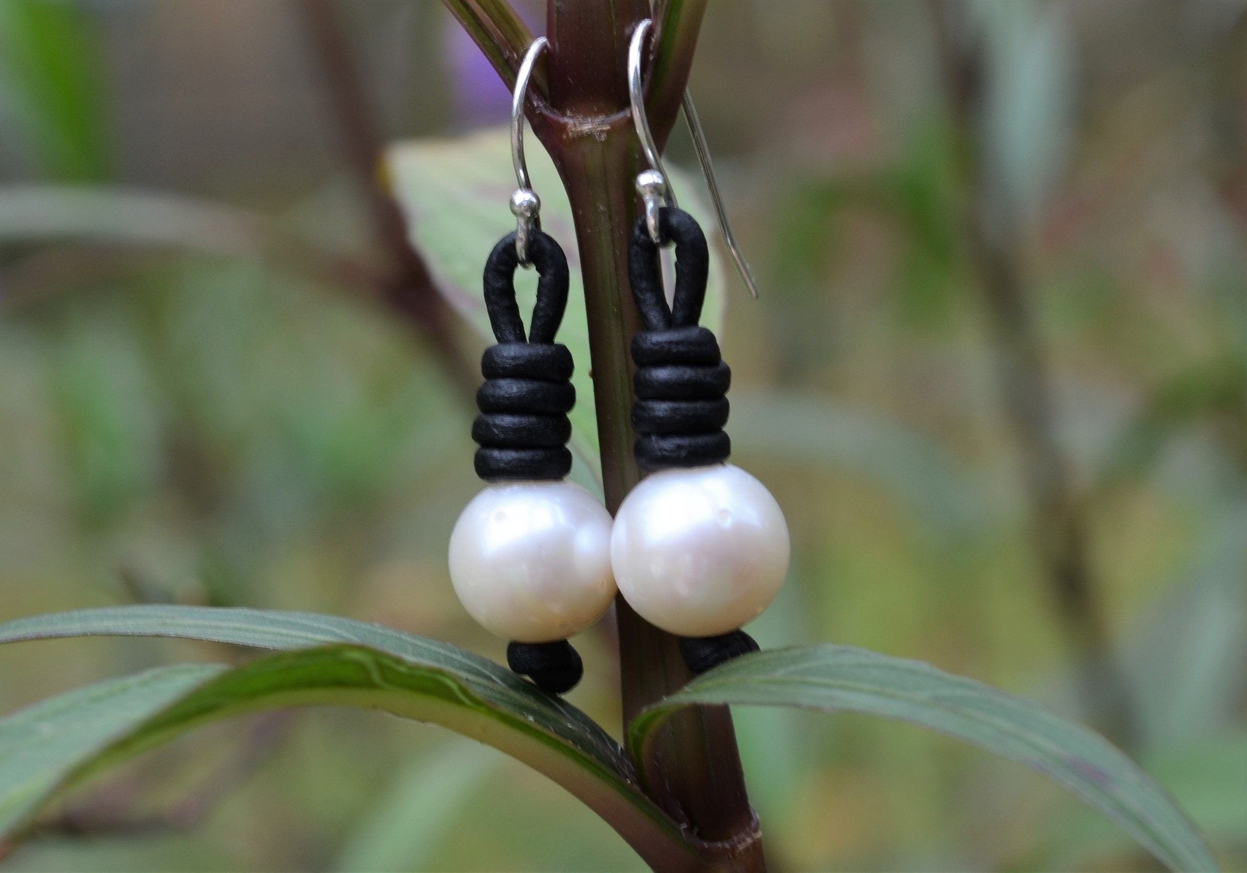 Pearl Leather Earrings: Freshwater Pearls, Boho Dangle Earrings