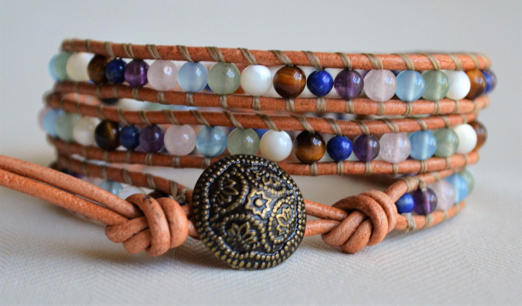 Multi-Gemstone Leather Wrap Bracelet: Boho Beaded Jewelry