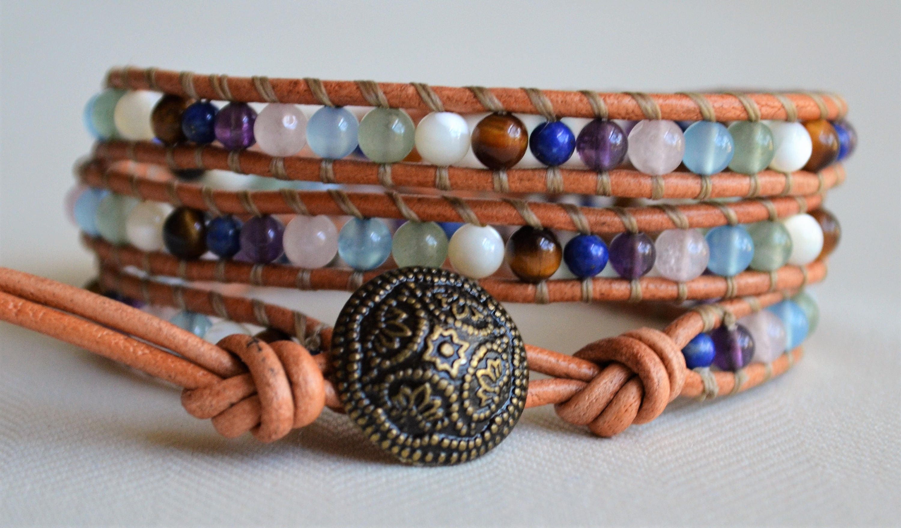 Multi-Gemstone Leather Wrap Bracelet: Boho Beaded Jewelry