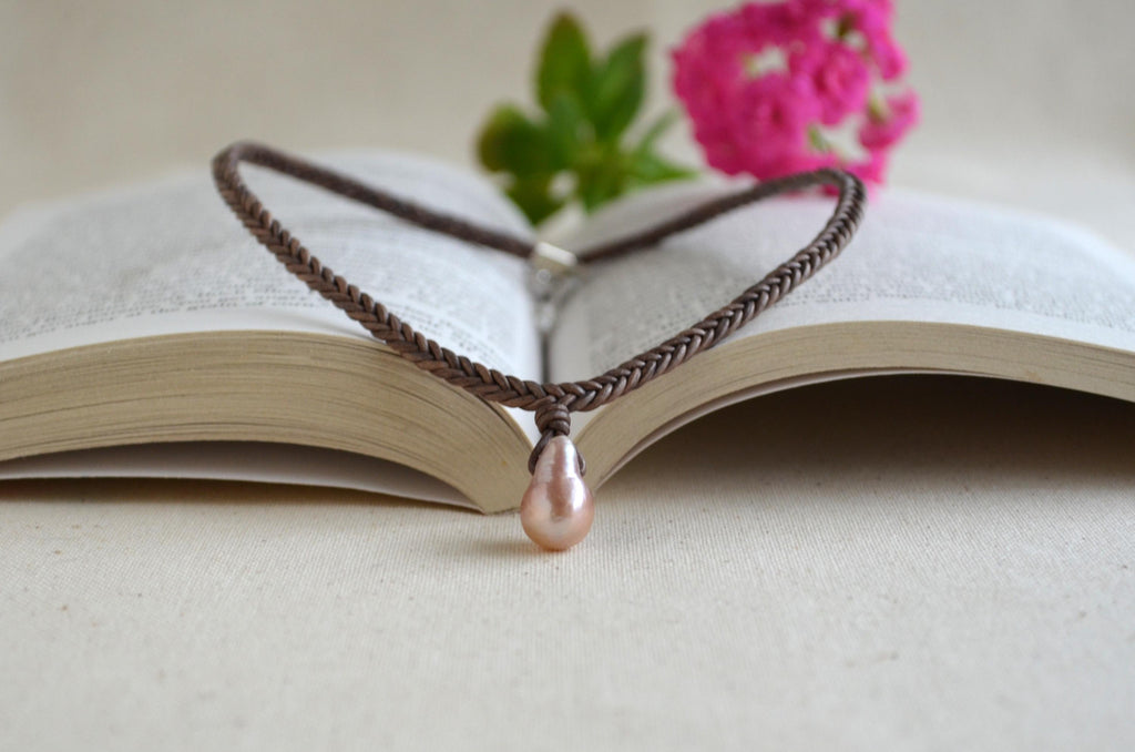 Edison Pearl Leather Necklace: Pink Mauve Baroque Pendant, Hand Braided Cord